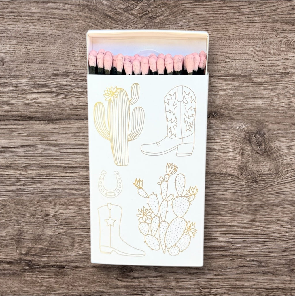 White Cowboy Boot & Cactus Match box