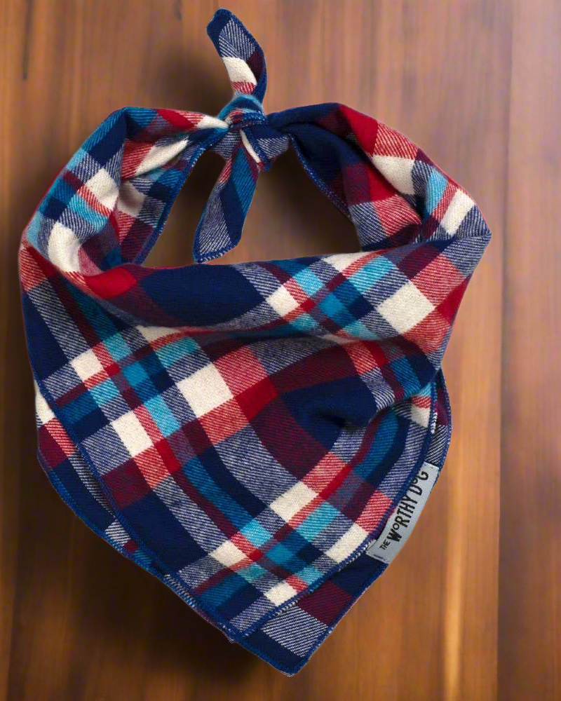 The Worthy Dog - Navy & Red Plaid Bandana ❤️💙