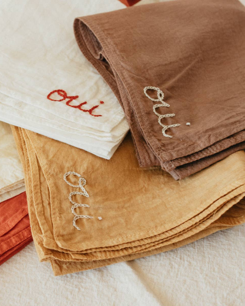 Eloise et moi - Hand embroidered organic cotton bandana - Distressed mustard