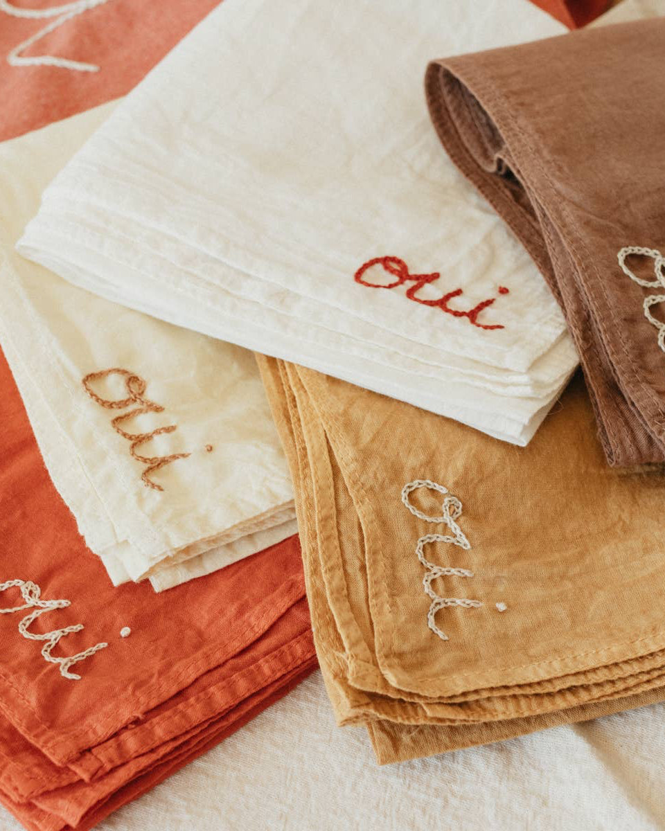 Eloise et moi - Hand embroidered organic cotton bandana - Distressed mustard